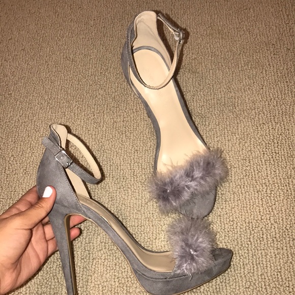 grey fluffy heels
